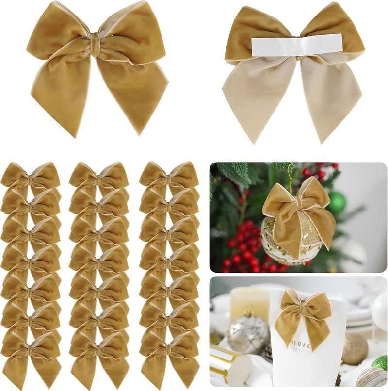 LiBongTa 3.5" Khaki Bows Small Velvet Ribbon Bow For Decoration, Self Adhesive Gift Bows, Rustic Bows For Christmas Tree, Treat Bags, Candy Pop, Basket, Party Favor, Craft Bow For Gift Wrapping-24 PCs - Image 1